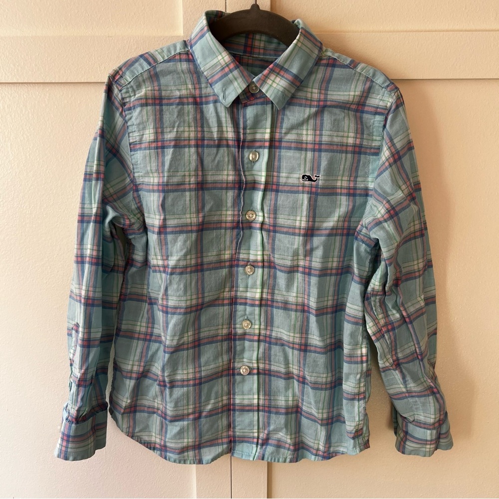Vineyard Vines Boys Whale Shirt 100% Cotton Plaid Button Down Shirt Size 5